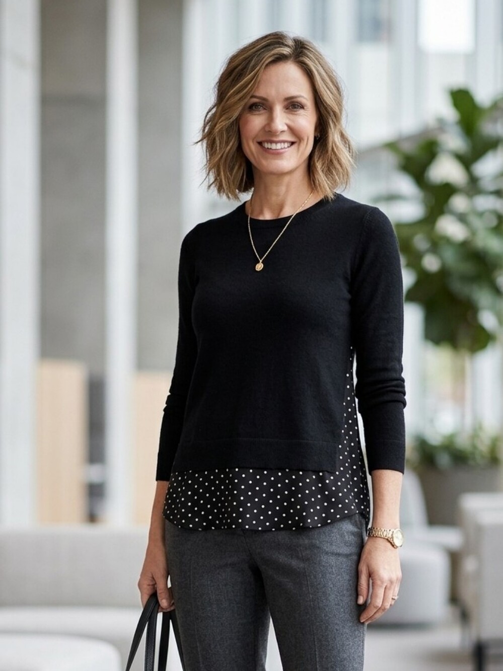 CLUB MONACO black wool sweater with polka dot silk underlay  XS  basic